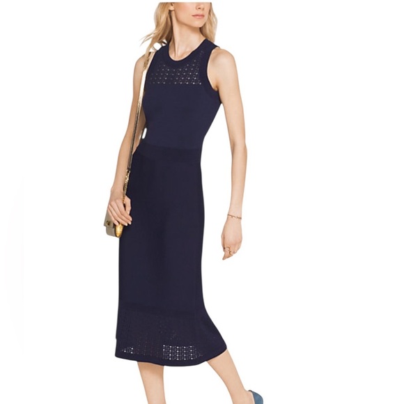 MICHAEL Michael Kors Navy Blue Pointelle Stretch Knit Midi Dress Wedding Small - Picture 1 of 16